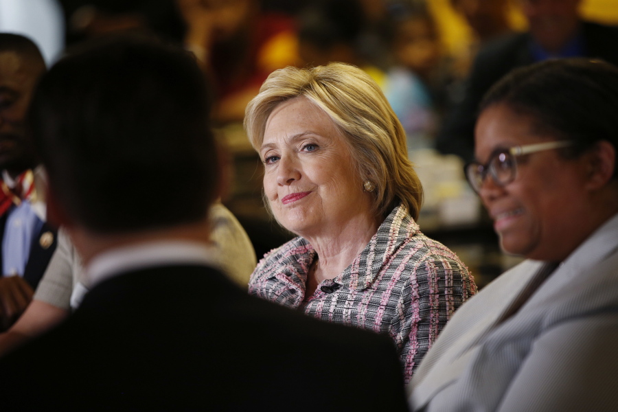 Democratic presidential candidate Hillary Clinton listens during an event Sunday in Vallejo, Calif.