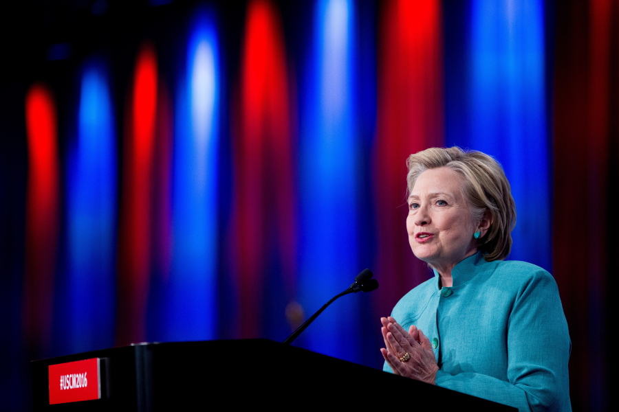 Democratic presidential candidate Hillary Clinton speaks Sunday at the U.S. Conference of Mayors in Indianapolis. A Washington Post-ABC News poll shows that Clinton has a double-digit lead over Republican presidential candidate Donald Trump.