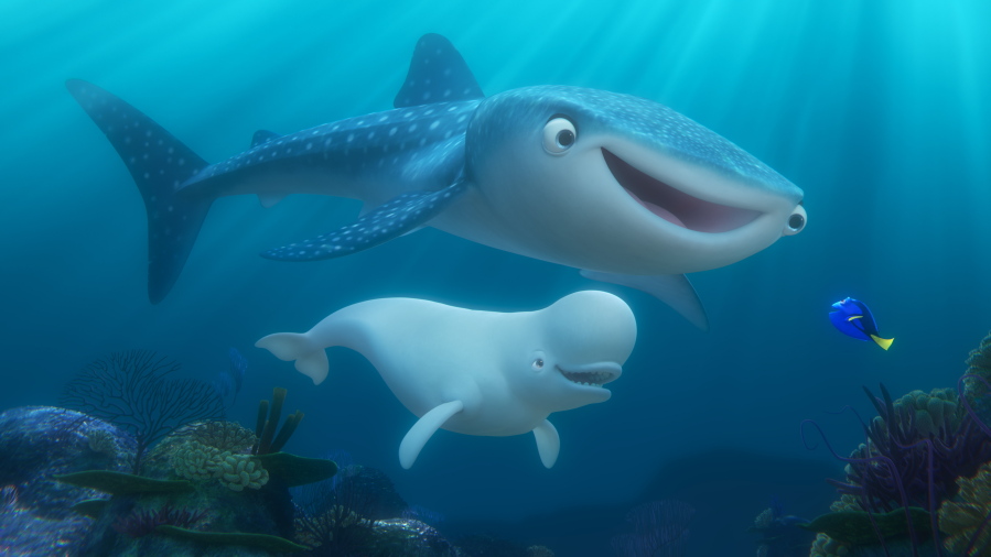 The characters Destiny voiced by Kaitlin Olson, top, Bailey, a beluga whale voiced by Ty Burrell and Dory, voiced by Ellen DeGeneres, in "Finding Dory." (Pixar/Disney)