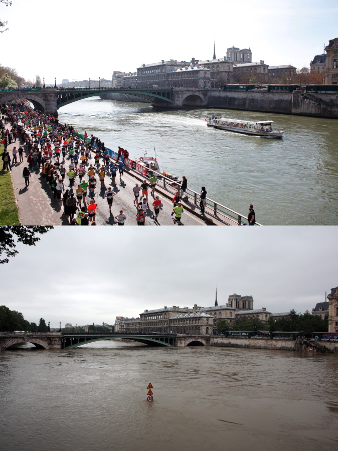 These images, from Sunday, April 12, 2015, top, and Friday, June 3,  show the extent of the rise in the floodwaters of the Seine river in Paris. French officials say that the Seine River is still rising in Paris as France&#039;s unseasonable spate of rainfall begins to taper off.