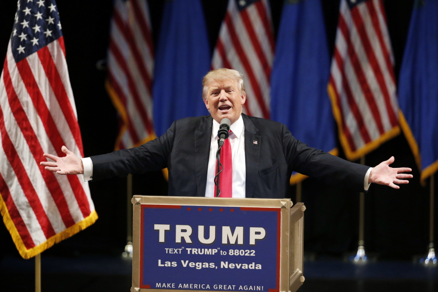 Republican presidential candidate Donald Trump speaks at the Treasure Island hotel and casino in Las Vegas. In his businesses and presidential campaign, Trump requires nearly everyone to sign legally binding nondisclosure agreements prohibiting them from releasing any confidential or disparaging information about the real estate mogul, his family or his companies.