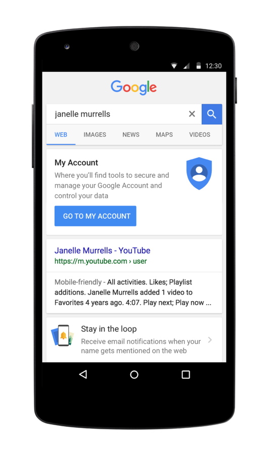 A screen shot of Google&#039;s &quot;My Account&quot; mobile search.