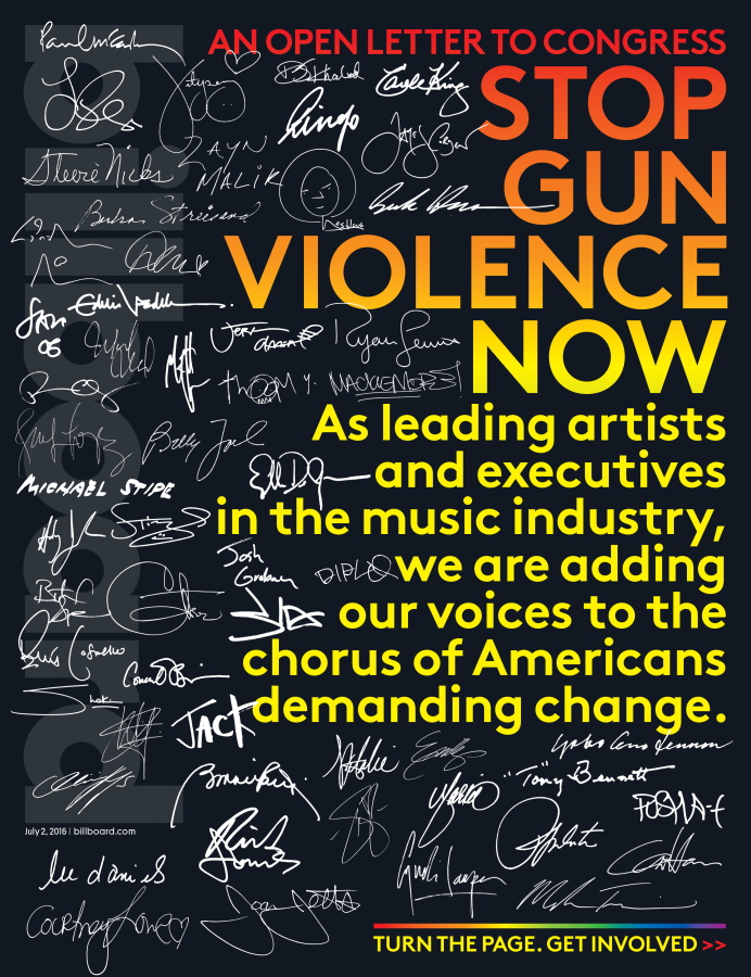An open letter to Congress posted on Billboard Magazine&#039;s website Thursday about stopping gun violence in America. Over 200 signatures appeared from musicians and executives, including Cher, Jennifer Lopez, Elvis Costello, Britney Spears, Lin-Manuel Miranda, Sting and Katy Perry.
