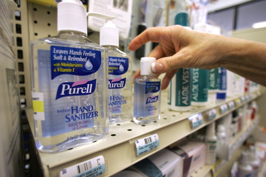 Hand sanitizer on a shelf at a pharmacy in Plano, Texas.