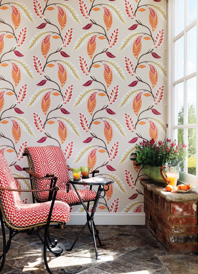 This undated photo provided by Osborne and Little shows wallpaper created by Londoner Nina Campbell. Campbell&#039;s new Fontibre collection for Osborne &amp; Little is inspired by the travels of her great uncle, who was an accomplished watercolorist. Campbell&#039;s Fontibre pattern, shown here, is named after the source of the River Ebro in the Iberian Peninsula and features an arrangement of stylized painted foliage.