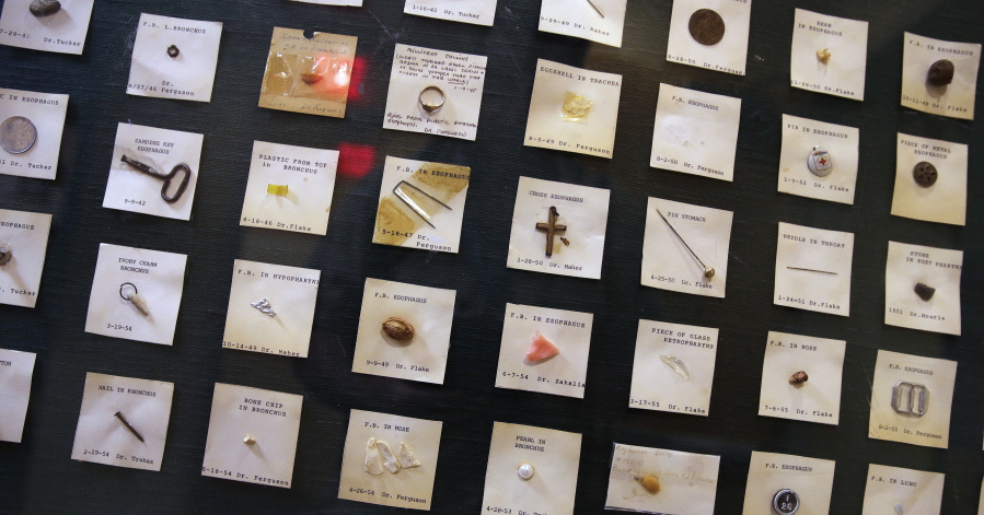 A variety of items ingested by children, from a sardine can key to a crucifix, are displayed at Boston Children&#039;s Hospital in Boston. The items are part of a collection of items ingested by children, a reminder to dozens of parents who walk past them every day, at the entrance of the hospital&#039;s ear, nose and throat department. Children&#039;s doctor Anne Hseu says it catches the eye of parents and warns them to be careful of what their child is exposed to.