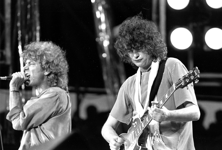 Robert Plant, left, and Jimmy Page of Led Zeppelin perform at Philadelphia&#039;s JFK Stadium on July 13, 1985.