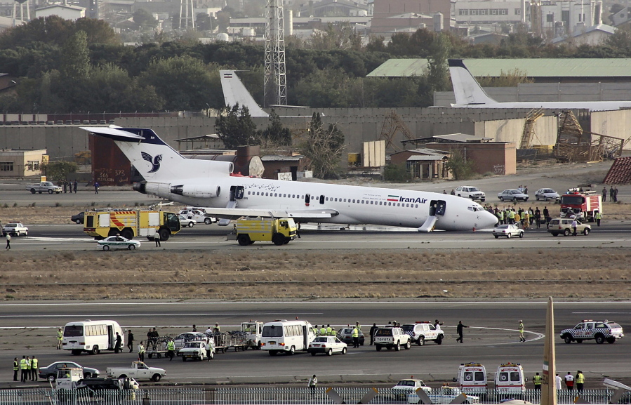An Iran Air Boeing 727 landed on its nose, after the landing gear jammed, at the Mehrabad airport in Tehran, Iran.