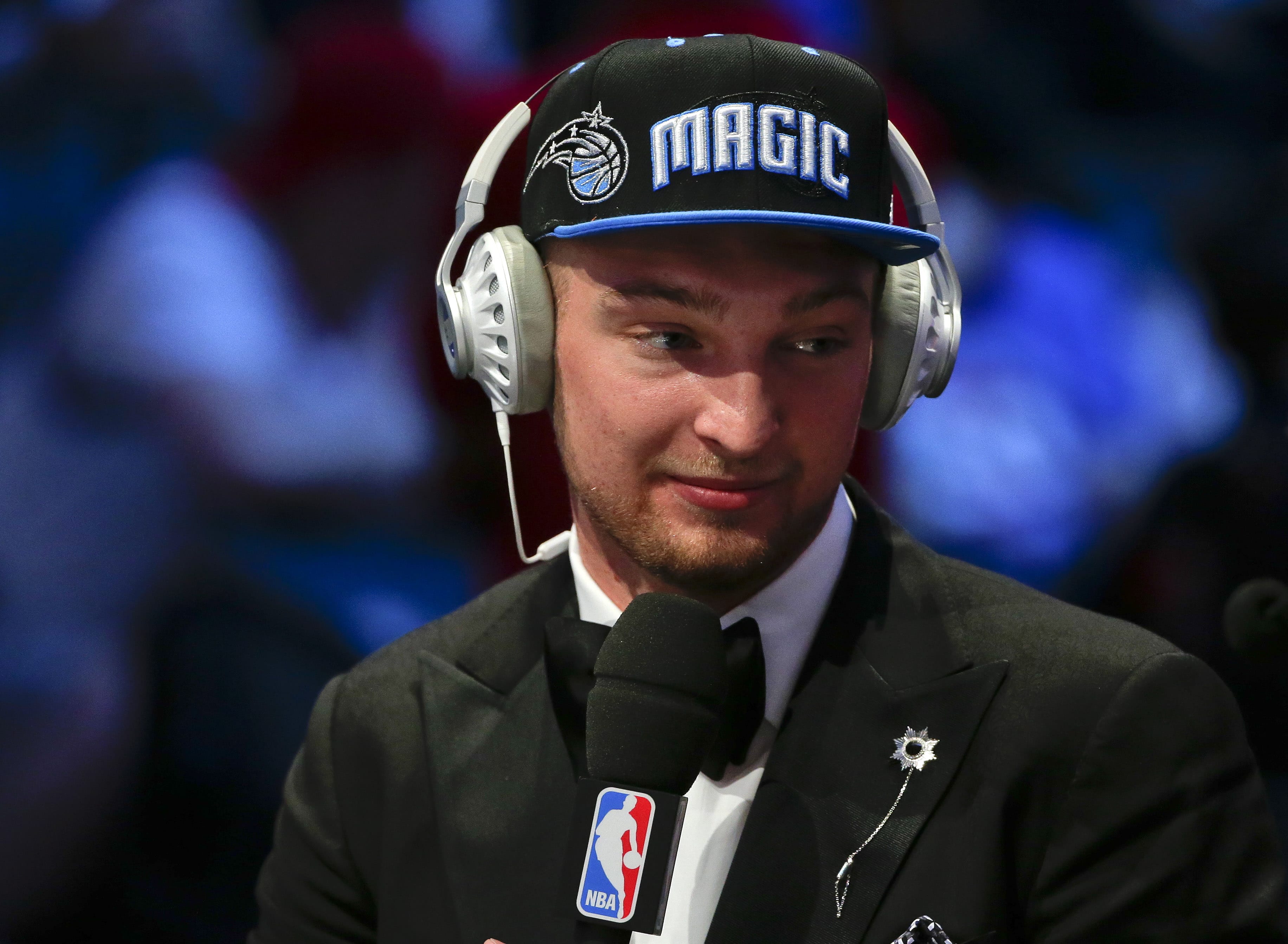 Domantas Sabonis answers questions during an interview after being selected 11th overall by the Orlando Magic during the NBA basketball draft, Thursday, June 23, 2016, in New York.