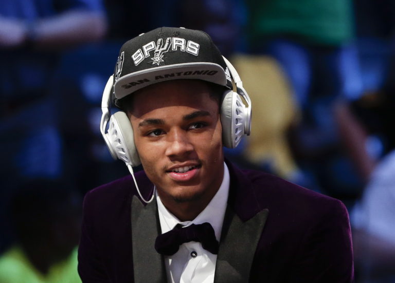Dejounte Murray answers questions during an interview after being selected 29th overall by the San Antonio Spurs during the NBA basketball draft, Thursday, June 23, 2016, in New York.