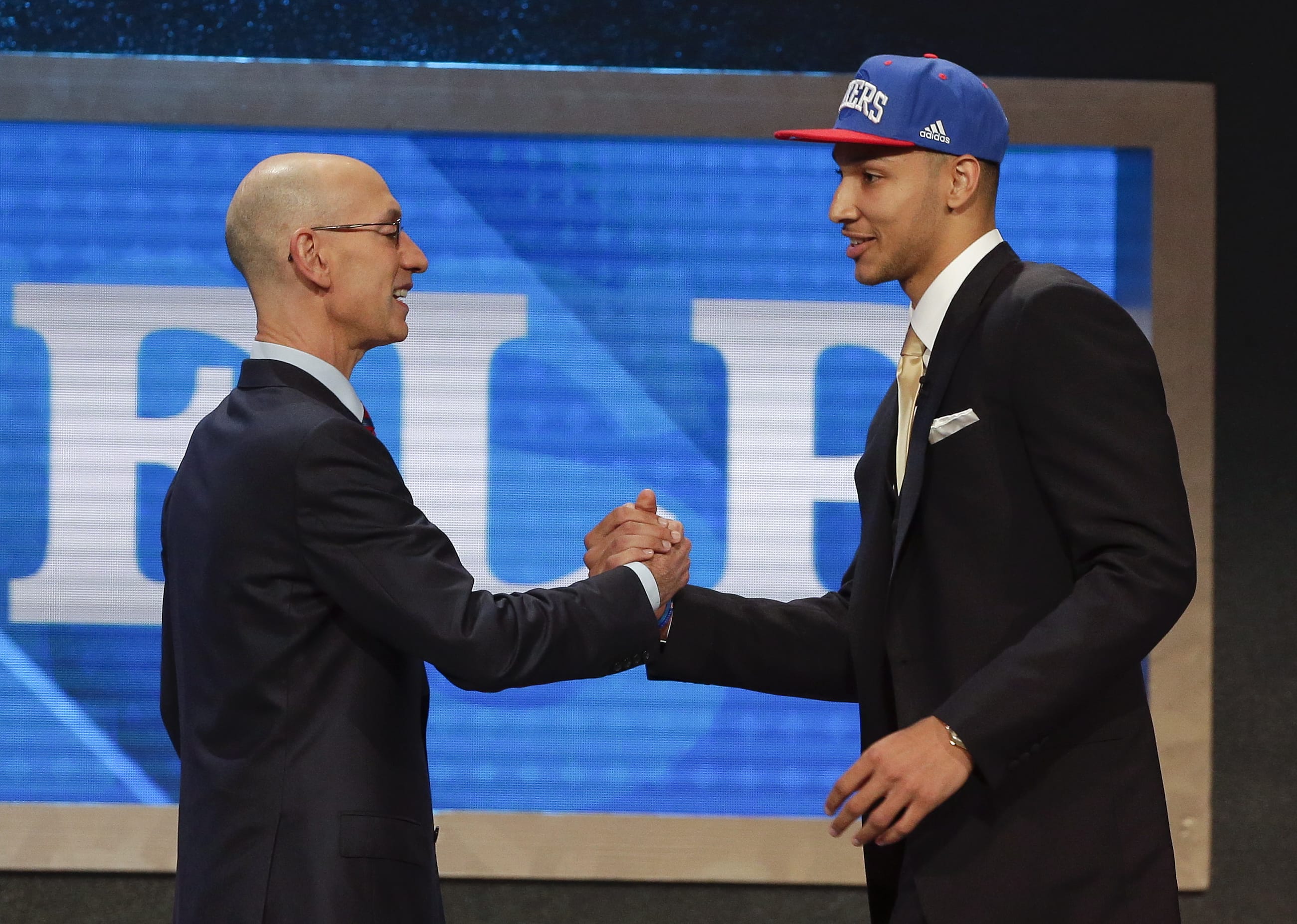 NBA Commissioner Adam Silver, left, greets Ben Simmons after announcing him as the top pick by the Philadelphia 76ers during the NBA basketball draft, Thursday, June 23, 2016, in New York.