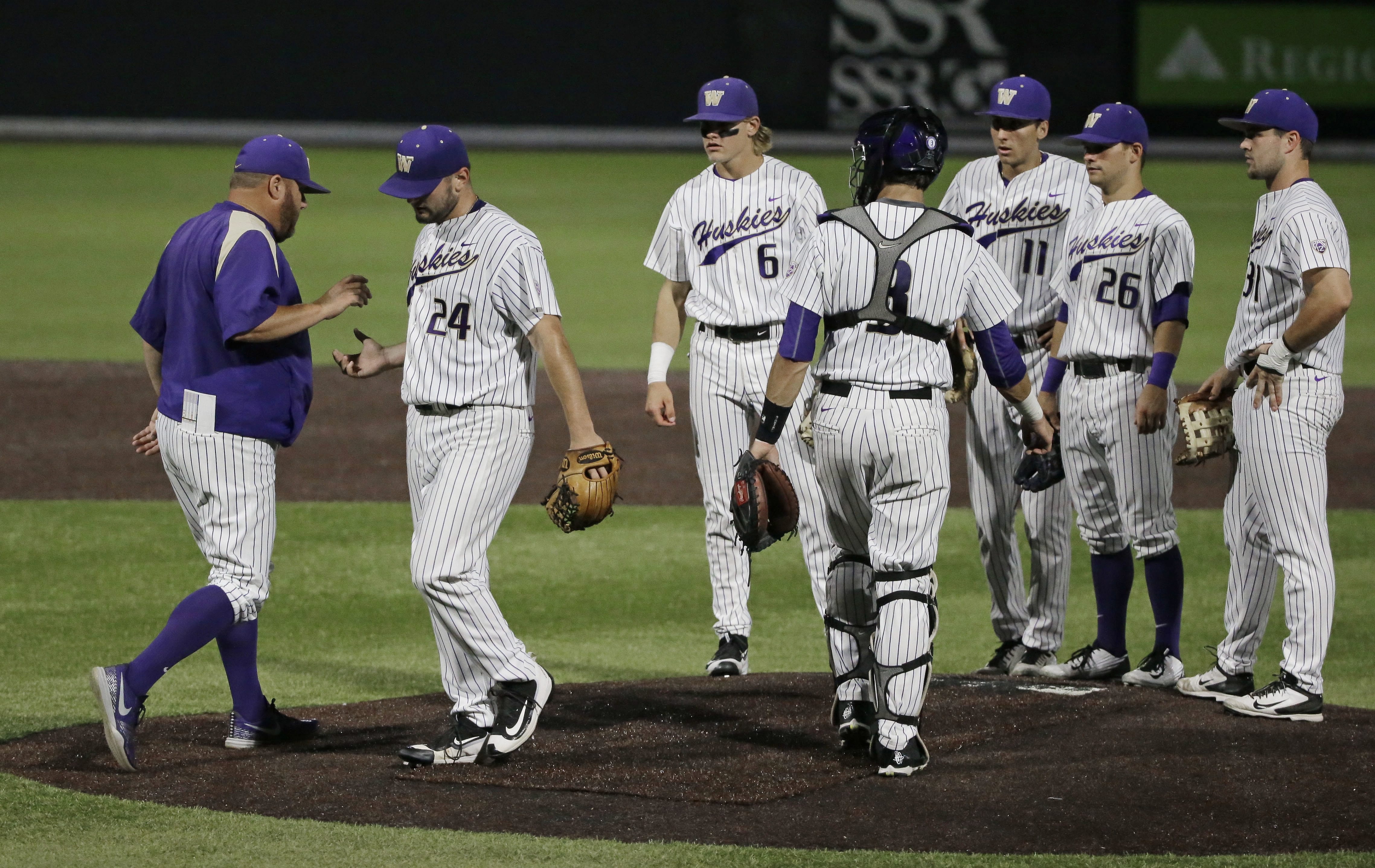 Washington starting pitcher Joe DeMers (24) is taken out of the game in the second inning of an NCAA college baseball regional tournament game against Xavier Sunday, June 5, 2016, in Nashville, Tenn. DeMers gave up six runs in less than two innings.