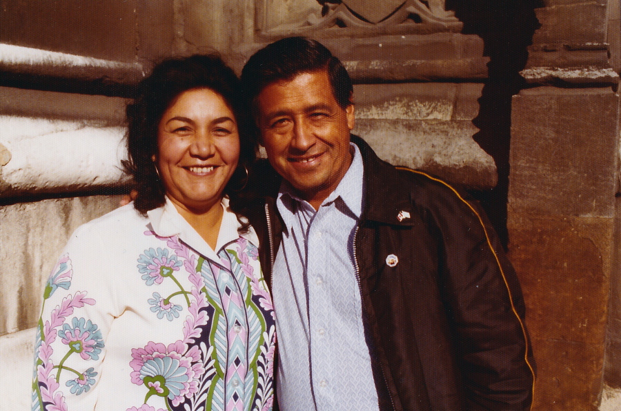 This 1974 photo provided by the Cesar Chavez Foundation shows, Cesar Chavez, right, and wife Helen Chavez, in London during a European tour promoting the grape boycott. Helen Chavez, widow of civil rights and labor leader Cesar Chavez, has died at age 88. A family statement released through the United Farm Workers says Helen Chavez died Monday, June 6, 2016, at a hospital in Bakersfield, Calif., surrounded by many of her children, grandchildren and great-grandchildren. No cause of death was given.