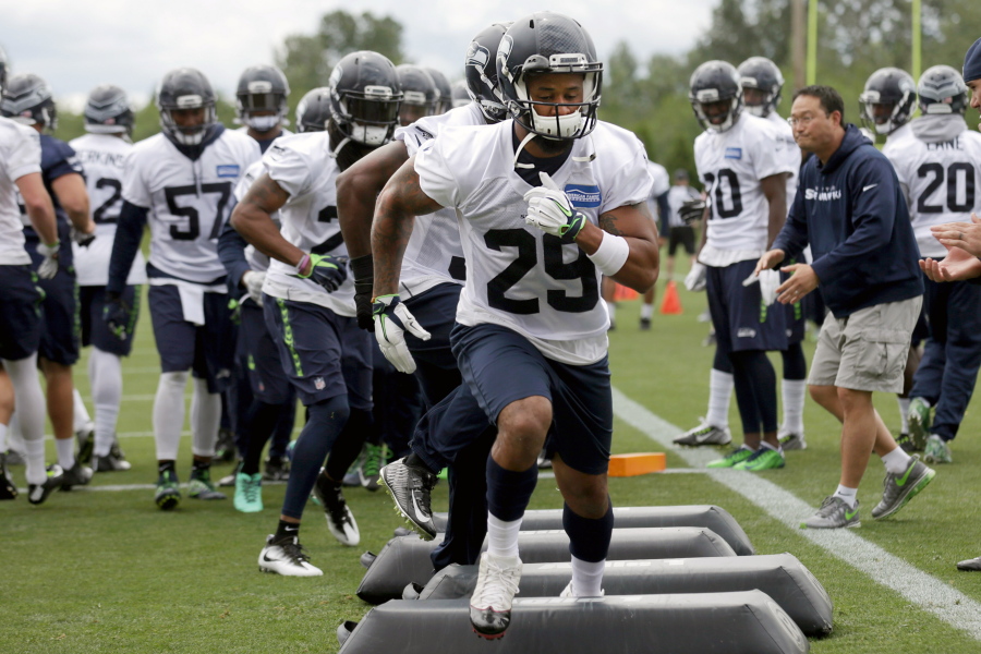 Seattle Seahawks safety Earl Thomas (29) participates during NFL football practice,  Tuesday, June 14, 2016, at the Virginia Mason Athletic Center in Renton, Wash.
