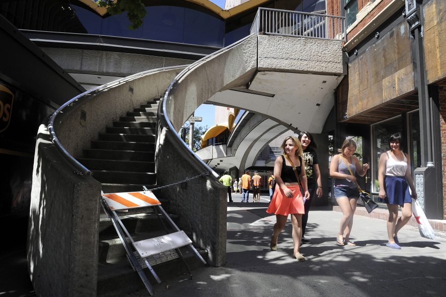 A staircase connected to a skywalk in downtown Spokane that was removed in 2014 after years of deterioration. The building owner sought to remove the staircase while making renovations to the Bennett Block Building. Like more than a dozen cities across the country, Spokane built an extensive skywalk system in the 1960s and 1970s but more recently has allowed little expansion of the system.