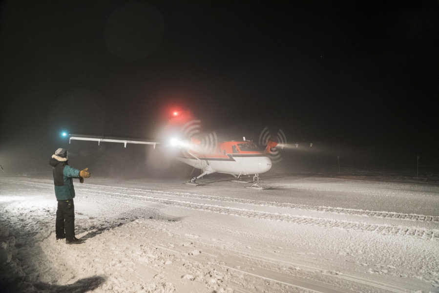 A Twin Otter aircraft on a medical evacuation flight taxis on the skyway at the National Science Foundation&#039;s Amundsen-Scott South Pole Station.