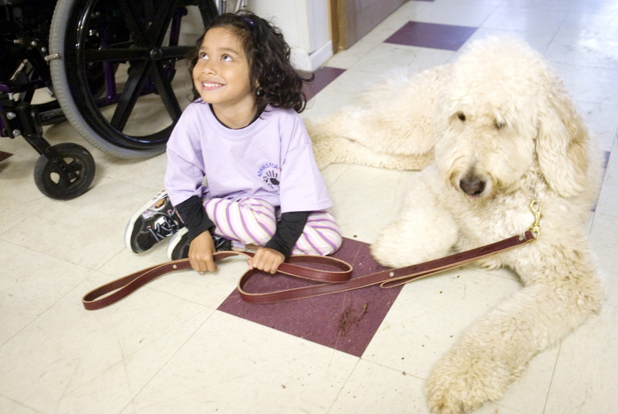 In this April 8, 2010 photo, Ehlena Fry, 6, who has cerebral palsy, sits by Wonder, her service dog in Napoleon, Mich. The Supreme Court is taking up an appeal by the Michigan girl who wasn&#039;t allowed to bring her service dog to school. The justices said Tuesday, June 28, 2016, they will consider whether Ehlena Fry&#039;s family can sue the school district for violations of federal disability laws.