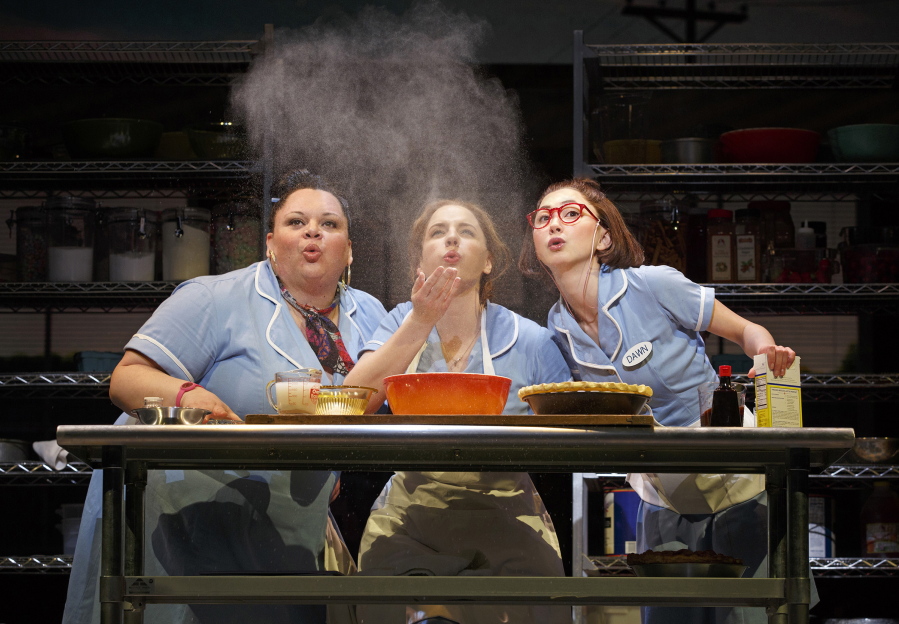 Keala Settle, from left, Jessie Mueller and Kimiko Glenn during a performance of &quot;Waitress&quot; at the Brooks Atkinson Theatre in New York.