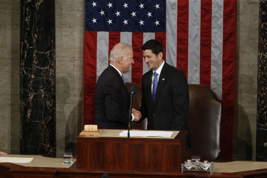 Vice President Joe Biden shakes hands with House Speaker Paul Ryan of Wisconsin on Capitol Hill in Washington on Wednesday prior to Indian Prime Minister Narendra Modi&#039;s address to a joint meeting of Congress.