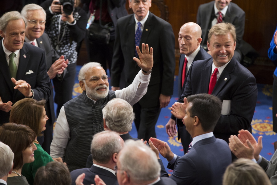 Indian Prime Minister Narendra Modi waves before addressing a joint meeting of Congress on Capitol Hill in Washington on Wednesday.