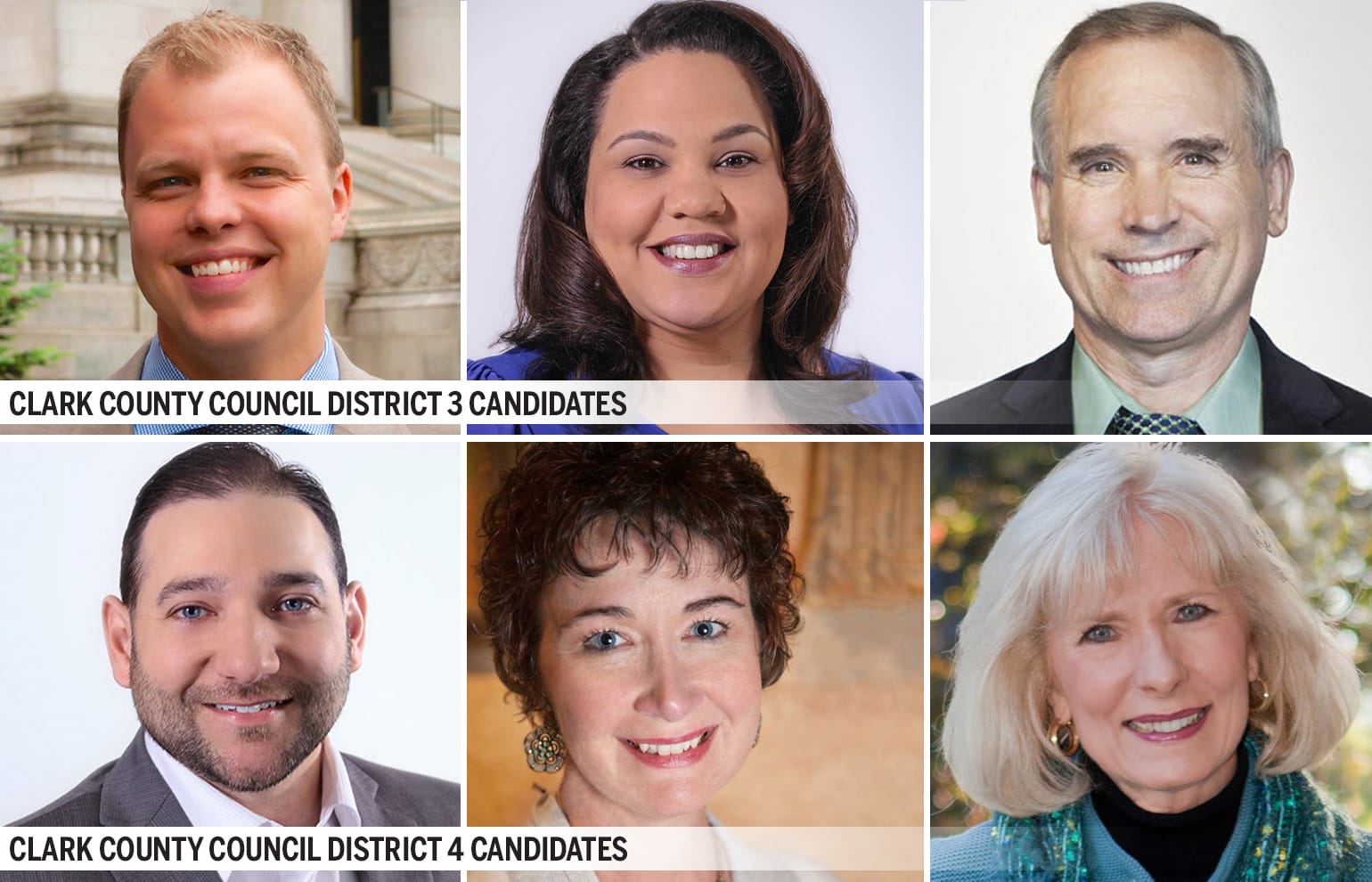 Clark County council candidates for District 3 are (top row from left) John Blom, Tanisha Harris and David Madore, incumbent; and for District 4 are (bottom from from left) Roman Battan, Jennifer McDaniel and Eileen Quiring.