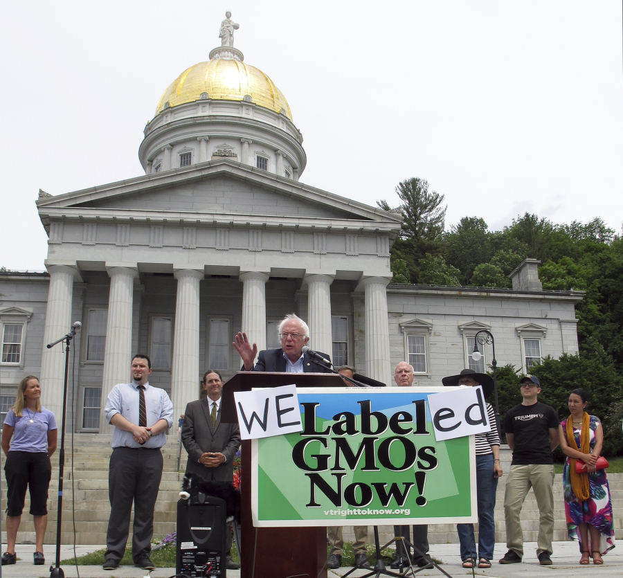 Democratic presidential candidate Sen. Bernie Sanders speaks Friday at the Vermont Statehouse in Montpelier, Vt., at a rally marking the implementation of the nation&#039;s first state law requiring the labeling of foods made with genetically modified ingredients.