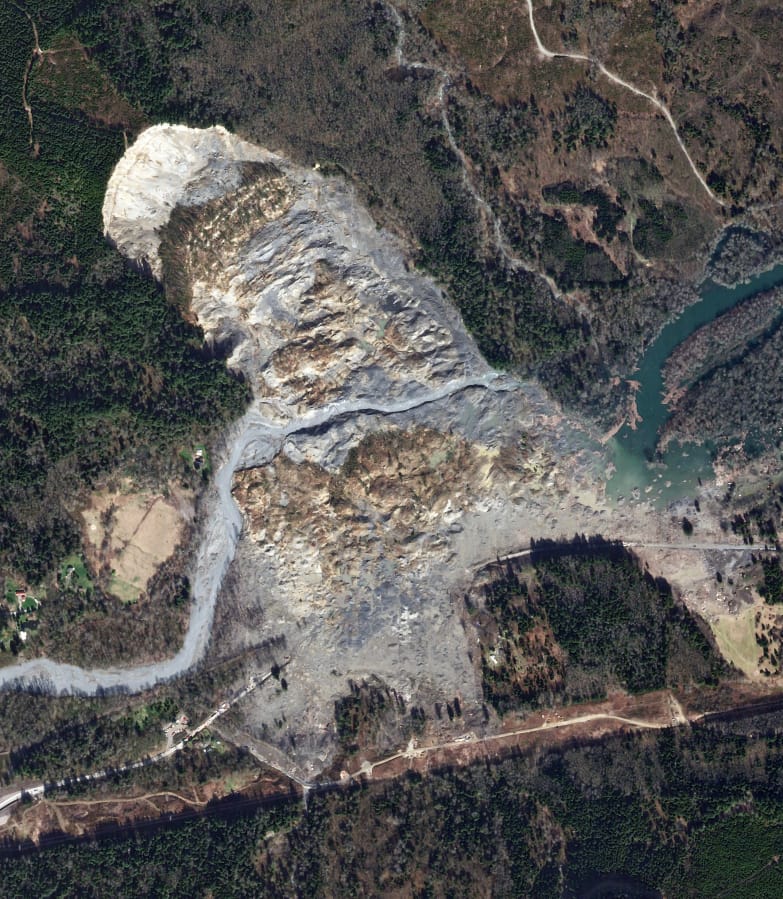 This satellite image captured on April 1, 2014, shows the area of the Oso landslide, which happened on March 22, 2014.