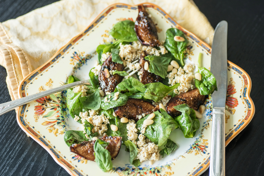 Charred Fig and Spinach Salad With Lemon Tofu Feta. (Dixie D.
