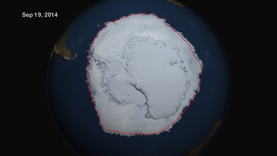 On Sept. 19, 2014, the five-day average of Antarctic sea ice extent exceeded 20 million square kilometers for the first time since 1979, according to the National Snow and Ice Data Center. The red line shows the average maximum extent from 1979 to 2014.