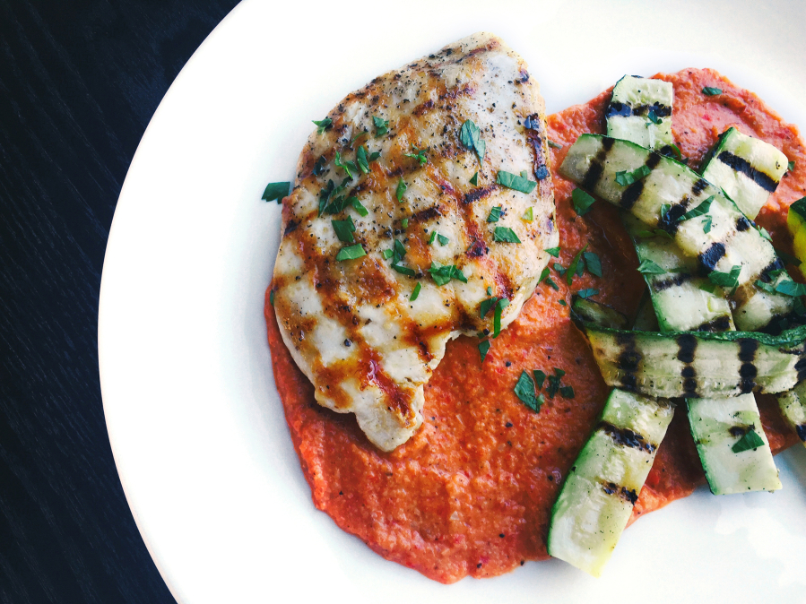 Grilled Chicken and Zucchini With Romesco Sauce.