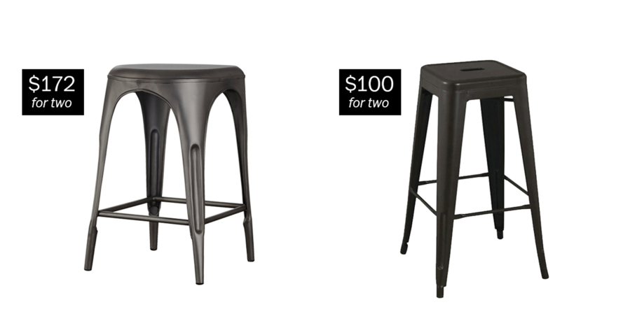 From left: Remy backless stools in burnished steel ($344 for two, restorationhardware.com). Carlisle 29.5-inch backless metal bar stools in antique brown ($100 for two, target.com).