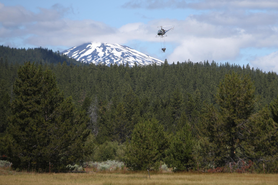 With Mount Bachelor in the distance, pilot Alan Richardson uses a hopper below a helicopter to spread  corncob granules coated with bacteria as mosquito larvicide along the Deschutes River on Monday morning in the Sunriver area south of Bend, Ore.