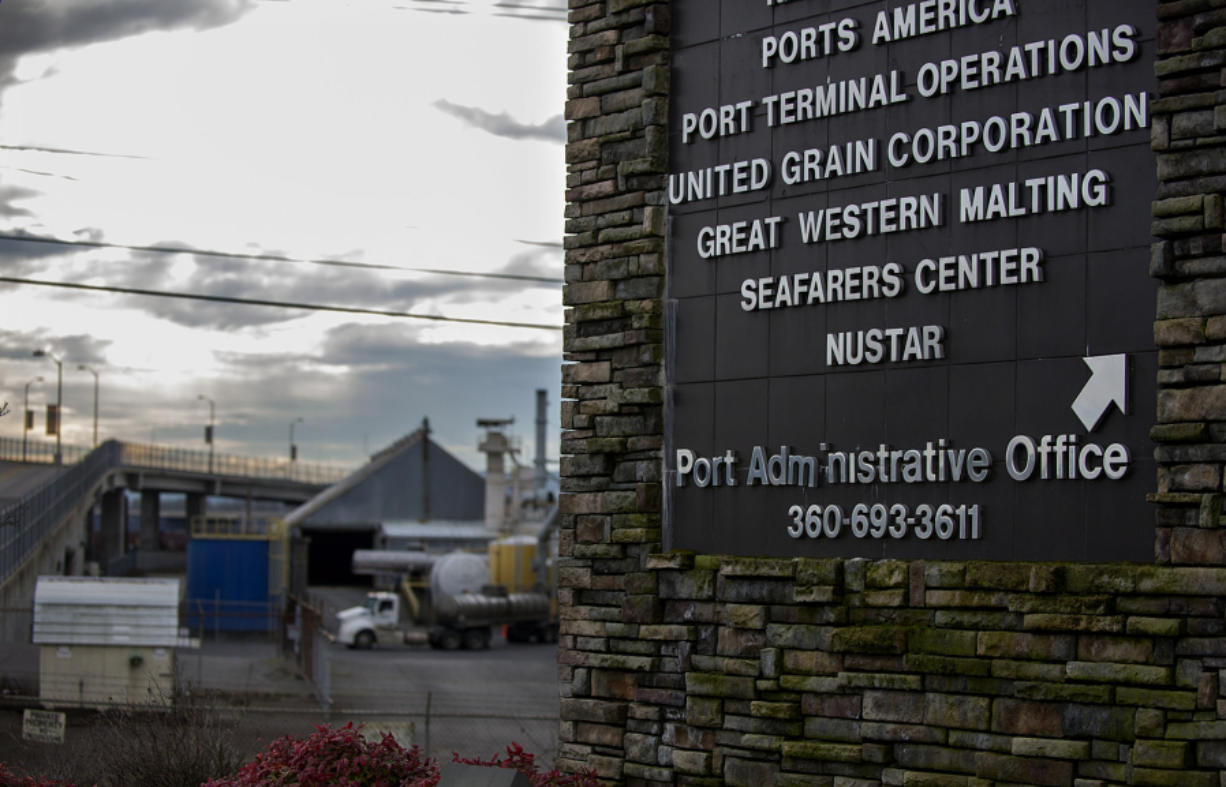 A sign points toward one of NuStar Energy&#039;s terminals at the Port of Vancouver. The company is nearing city approval for its plans to handle ethanol by rail, ship and truck.