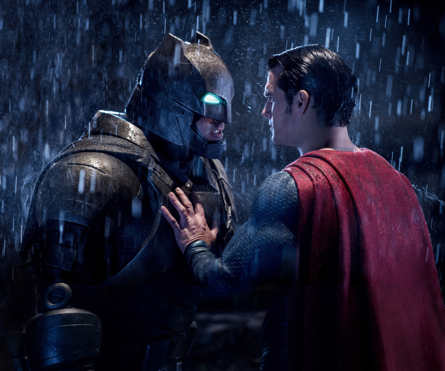 Ben Affleck as Batman, left, and Henry Cavill as Superman in a scene from, &quot;Batman v Superman: Dawn of Justice.&quot; (Clay Enos/Warner Bros.