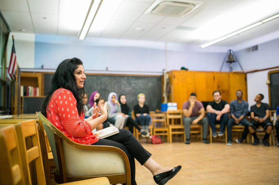 Author Nadia Hashimi, an Afghan American, speaks to students about the power of words at Camp Ramadan recently in Bethesda, Md.