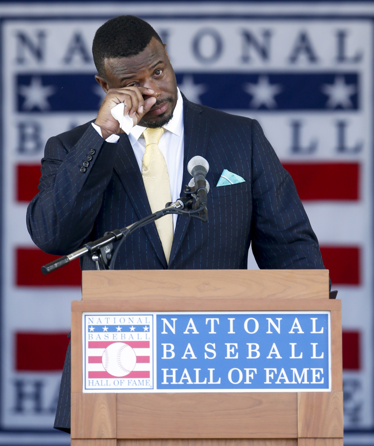 National Baseball Hall of Fame inductee Ken Griffey Jr. speaks during an induction ceremony at the Clark Sports Center on Sunday, July 24, 2016, in Cooperstown, N.Y.