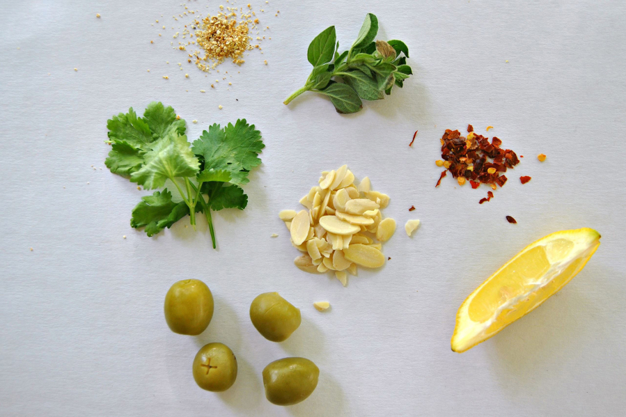 Ingredients for Castelvetrano Olive-Almond Salsa.