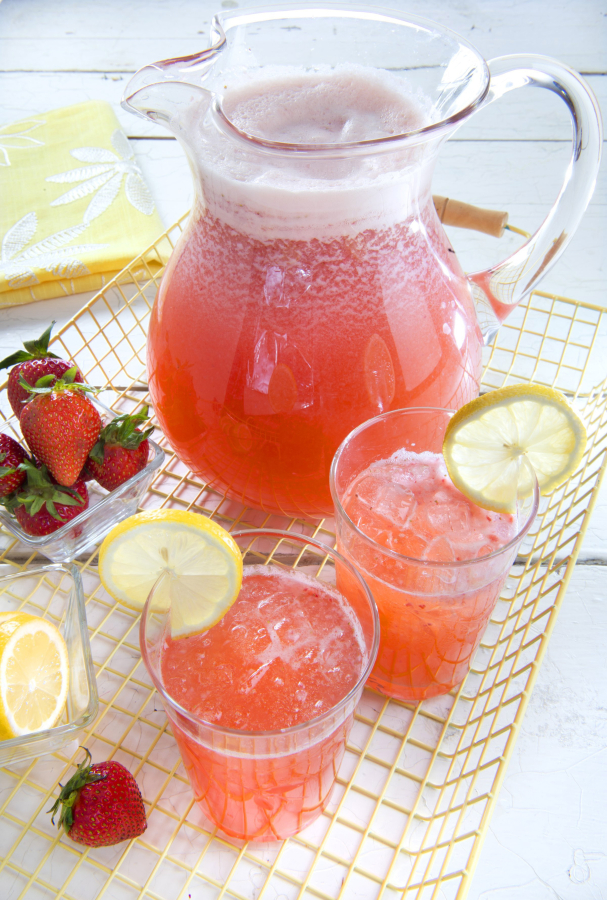 Sparkling Strawberry Lemonade gets its rosy color from fresh berries.