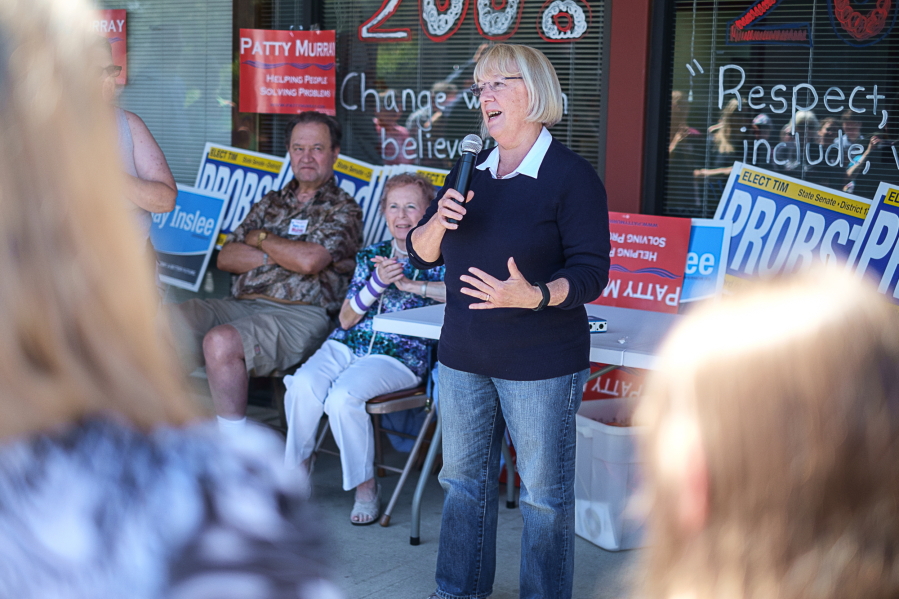 U.S. Sen. Patty Murray, D-Wash., addresses a crowd gathered in front of the Clark County Democratic Party office in Vancouver.