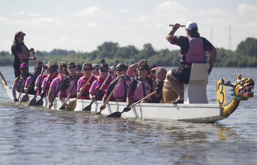The Pink Phoenix dragon boat team, all breast cancer survivors, paddle at Vancouver Lake Sunday in Row for the Cure, a fundraiser for breast cancer research sponsored by the nonprofit group Susan G. Komen of Oregon and SW Washington.