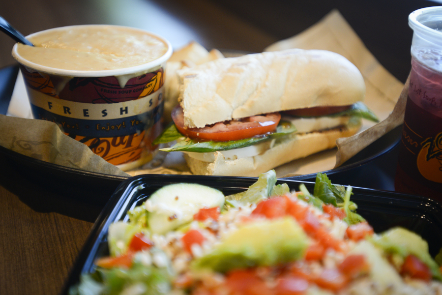 A mozzarella, tomato, basil (MBT) sandwich, lobster bisque soup and power quinoa salad are on the menu at Zoup! in Vancouver.
