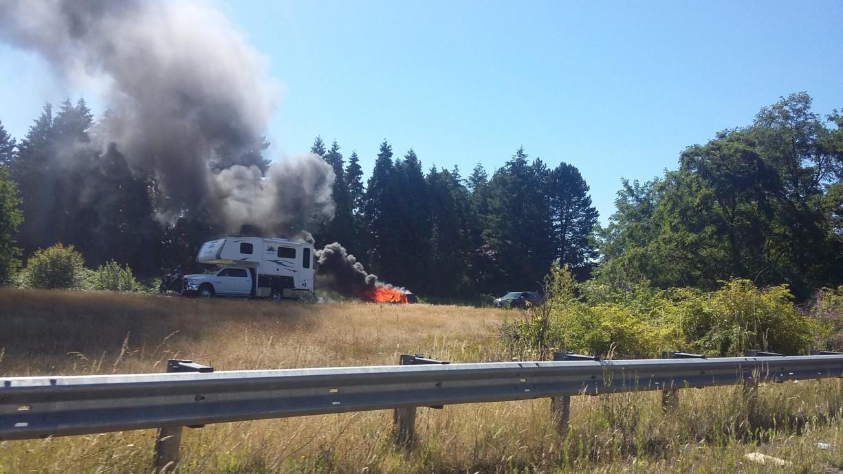 A Thursday afternoon car fire, seen here, blocked northbound traffic on Interstate 5 for a time south of Woodland.