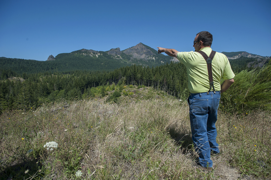 Ted Salka explains where his property meets with land owned by the U.S. Forest Service in Skamania County. Salka is in the process of selling some land to the agency, but has been met by opposition by local officials.