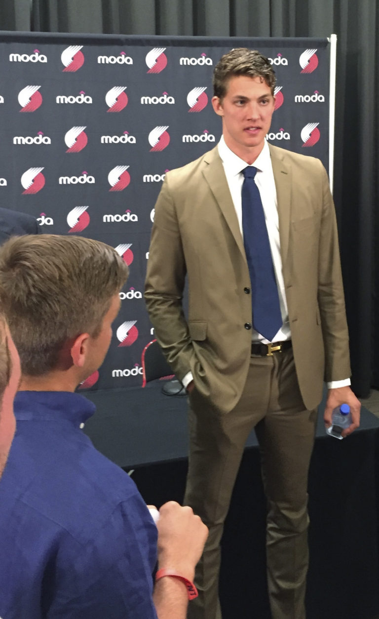 Portland Trail Blazers center Meyers Leonard chats with reporters about his new contract at a news conference at the NBA basketball team's practice facility in Tualatin, Ore., on Friday, July 22, 2016. (AP Photo/Anne M.
