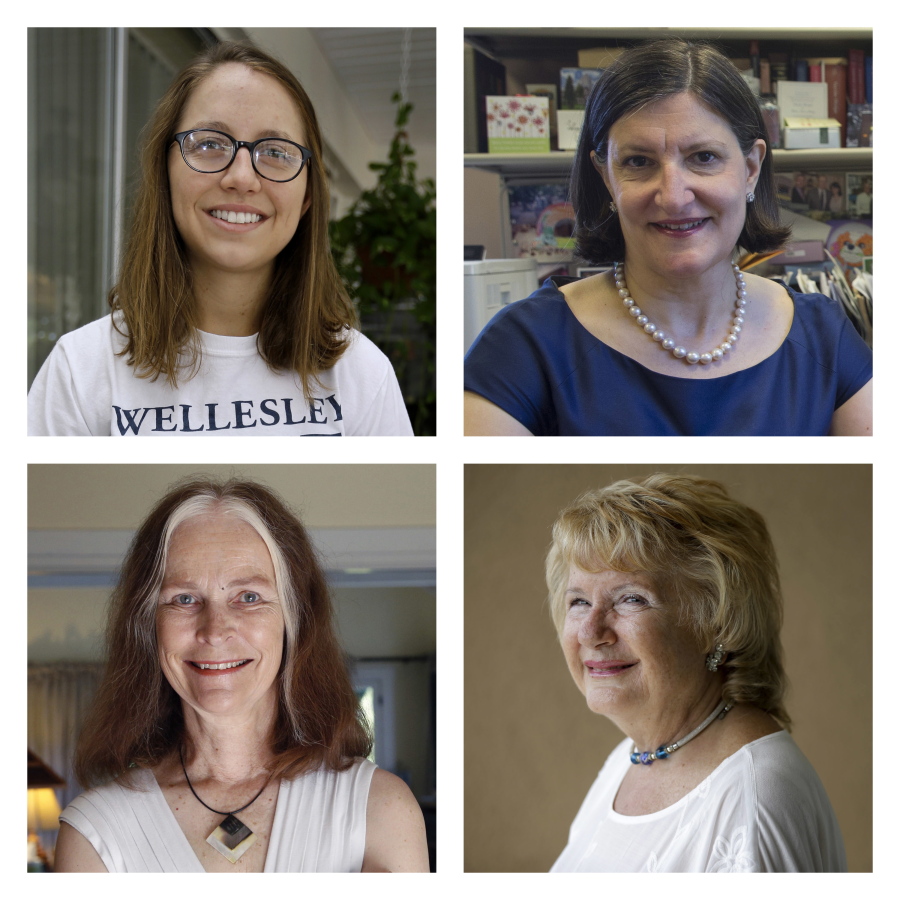 This combination of June 2015 photos shows, top row from left, Emily DiVito in St. Petersburg, Fla., and Dr. Sarah Schlesinger in New York; at bottom row from left are Cheryl Walker in Los Angeles and Cheryl Brierton in San Diego. All four are graduates of Wellesley College, also the alma mater of Hillary Clinton.