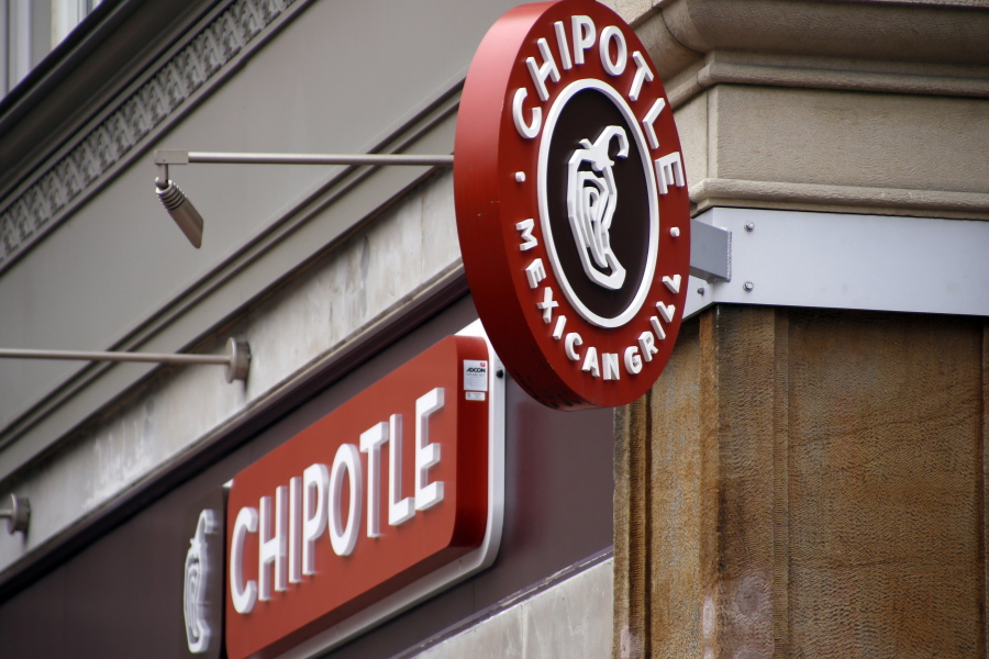 The marquis signs for the Chipotle restaurant in Pittsburgh&#039;s Market Square.
