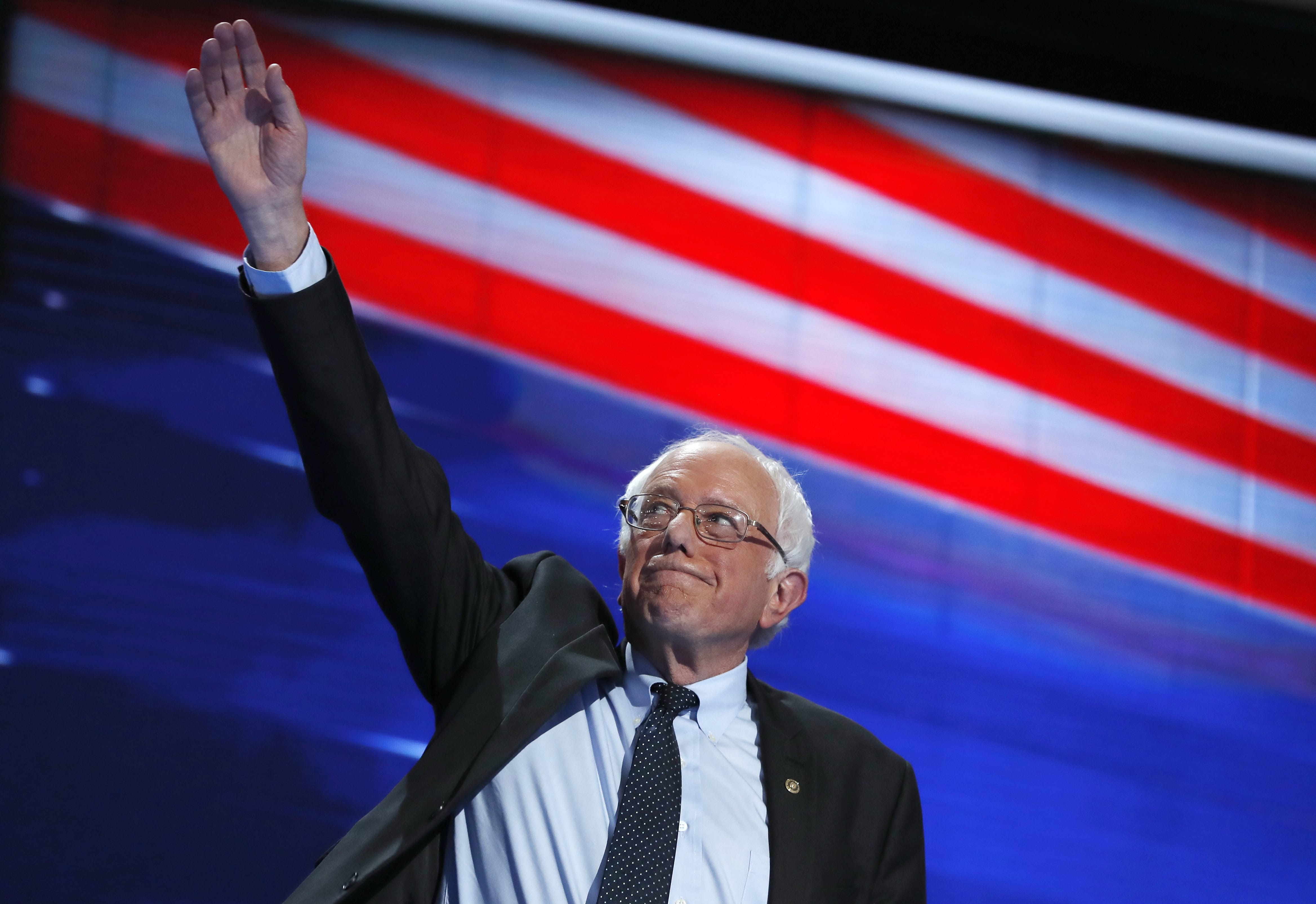 Former Democratic Presidential candidate, Sen. Bernie Sanders, I-Vt., takes the stage during the first day of the Democratic National Convention in Philadelphia , Monday, July 25, 2016.