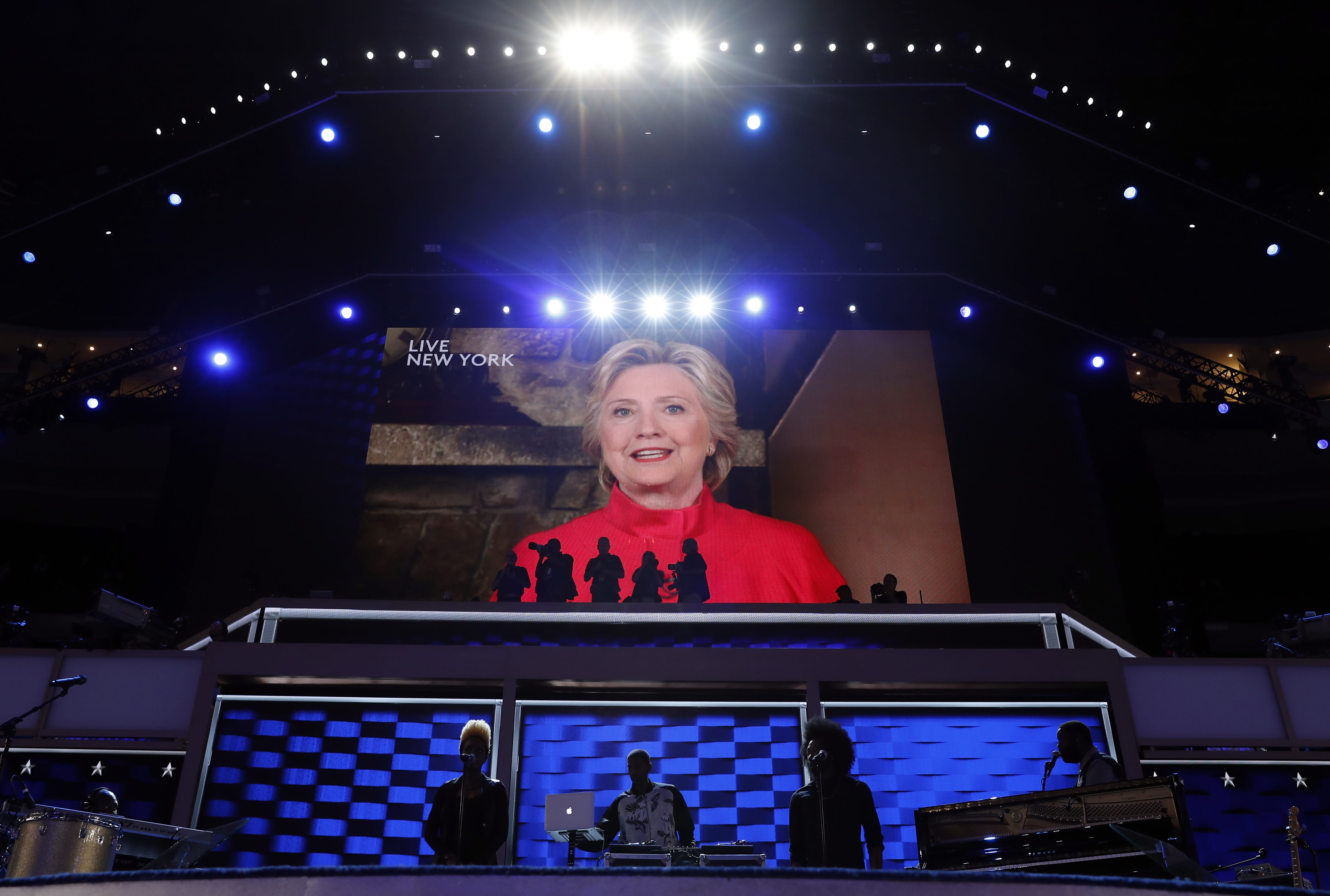 Democratic Presidential candidate Hillary Clinton appears on the screen during the second day session of the Democratic National Convention in Philadelphia, Tuesday, July 26, 2016.