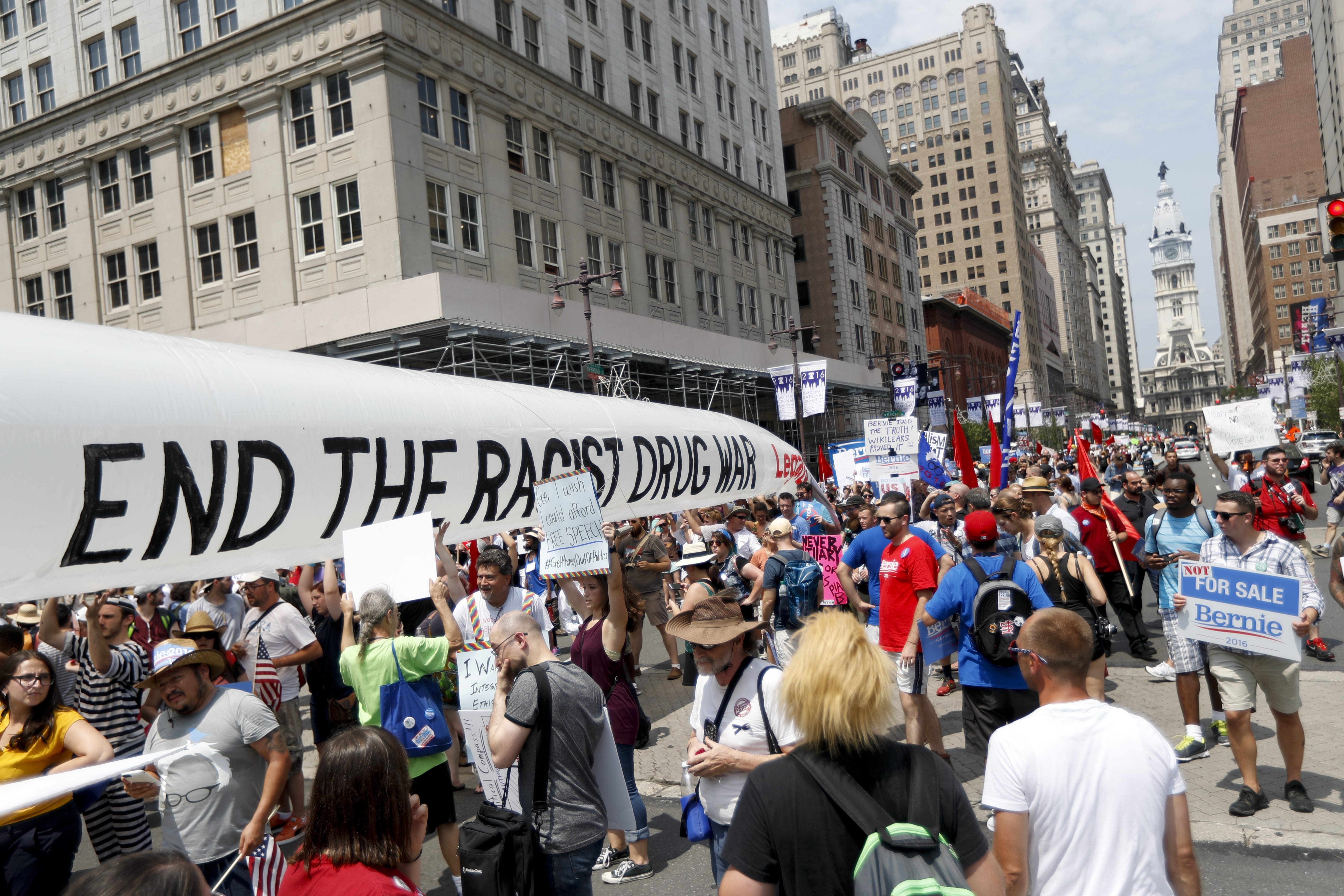 Demonstrators march in downtown, Monday, July 25, 2016, in Philadelphia, during the first day of the Democratic National Convention.