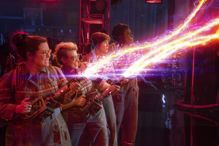 Melissa McCarthy, from left, Kate McKinnon, Kristen Wiig and Leslie Jones appear in a scene from &quot;Ghostbusters.&quot; (Sony Pictures)